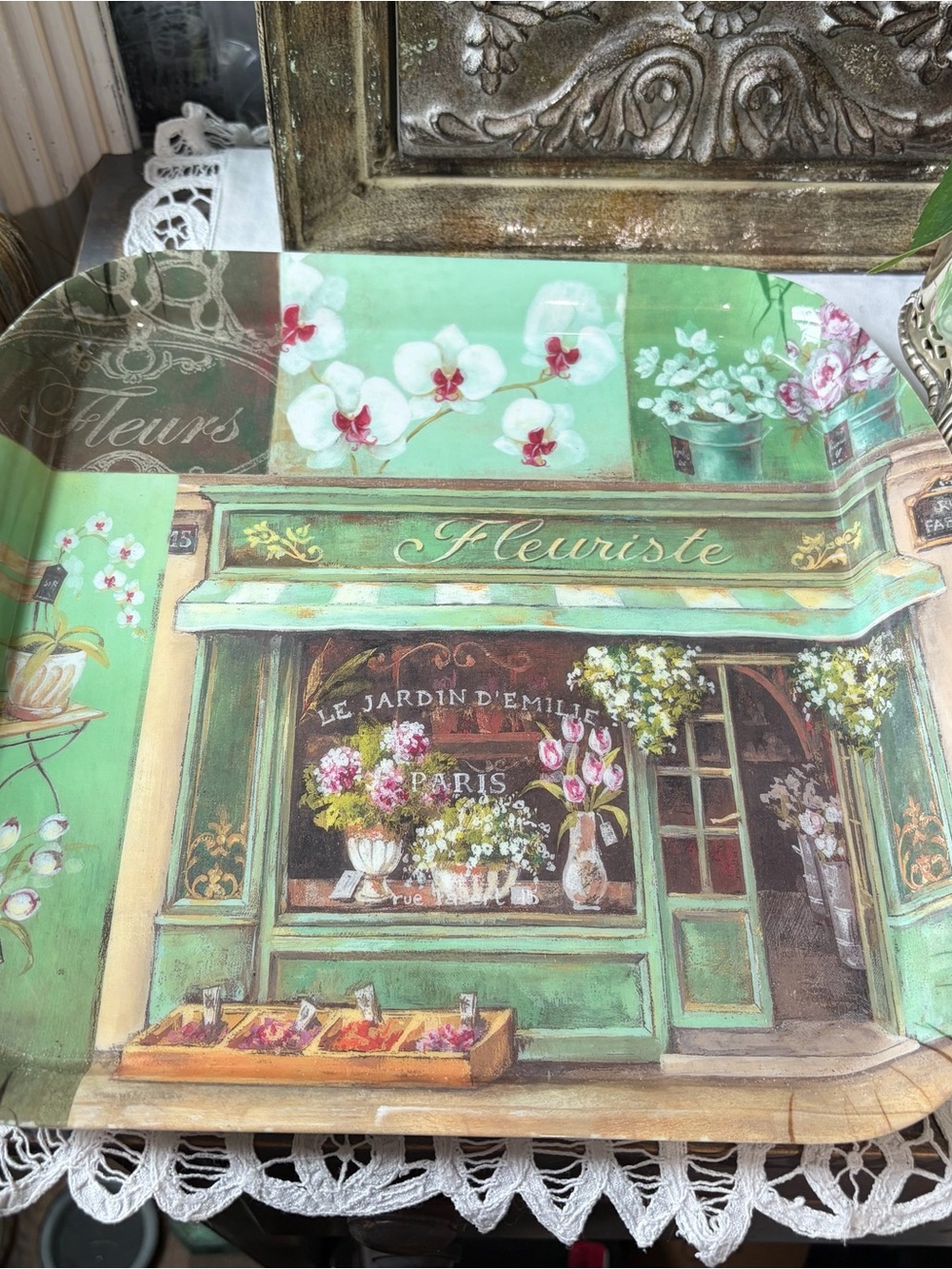 Vintage Green melamine Parisan floral serving tray